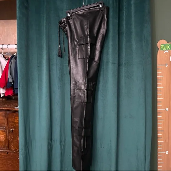 Club Exx Groundwork Cargo Flare Vegan Leather Lace-Up Low Rise Pants DollsKill - Picture 12 of 14